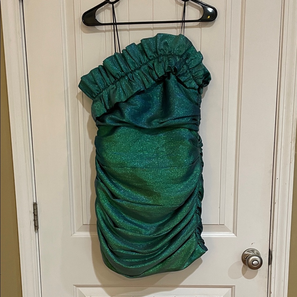 Do+Be Green/blue Strapless Ruffled Dress medium NWT STUNNING